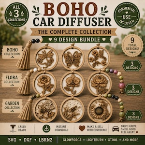 May include: A digital bundle of 9 circular wooden car diffuser designs featuring laser-cut motifs of dragonflies, butterflies, flowers, and bees. Each piece includes a hanging tassel or beaded string. Text includes BOHO CAR DIFFUSER.