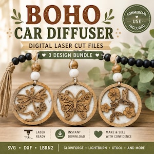 Boho Car Diffuser SVG Bundle, 3" Round Laser Cut Files, Butterfly Dragonfly Hummingbird | Glowforge LightBurn xTool DXF LBRN2 Commercial Use