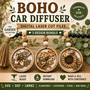 May include: A digital laser cut file bundle for three round wooden car diffusers featuring nature-themed engravings of a bee on a flower, a dragonfly, and a ladybug on a sunflower. The set includes text labels and icons for file formats.