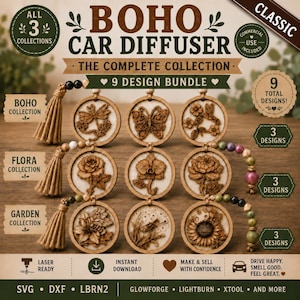 Paquete de archivos SVG de difusores de coche estilo bohemio clásico, 9 diseños cortados con láser, ambientador de coche con diseño floral de jardín en formato SVG, archivos Glowforge LightBurn xTool.