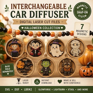 Puede incluir: Un conjunto de siete diseños circulares de madera para difusores de coche con personajes de Halloween, incluyendo una bruja, un vampiro, un fantasma, una momia, una calabaza con murciélagos, Frankenstein y un hombre lobo.