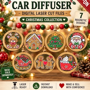 May include: Interchangeable car diffuser digital laser cut files featuring 7 magnetic Christmas designs including a reindeer, gingerbread house, tree, Santa, sleigh, gingerbread couple, and cocoa mug. Includes SVG, DXF, and LBRN2 formats.