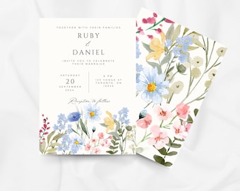 Garden Wedding Invitation, Wildflower Wedding Invitation Template, Pastel Floral Invite, Whimsical Garden Flowers Wedding Suite, A1