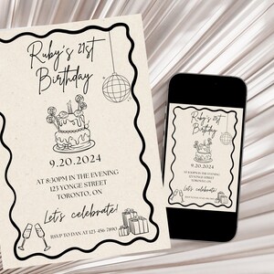 Birthday Invite, 21st Birthday Invitation Template, Printable Invitation, Hand Drawn Invite, Whimsical Birthday Template for Adults