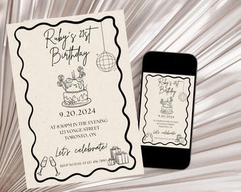 Birthday Invite, 21st Birthday Invitation Template, Printable Invitation, Hand Drawn Invite, Whimsical Birthday Template for Adults