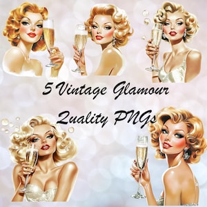Glam Girl Clipart, PNG Champagne vintage, cocktail des années 1950 en téléchargement numérique, décoration de fête des Fêtes, Bundle de cliparts cocktail, PNG glamour vintage