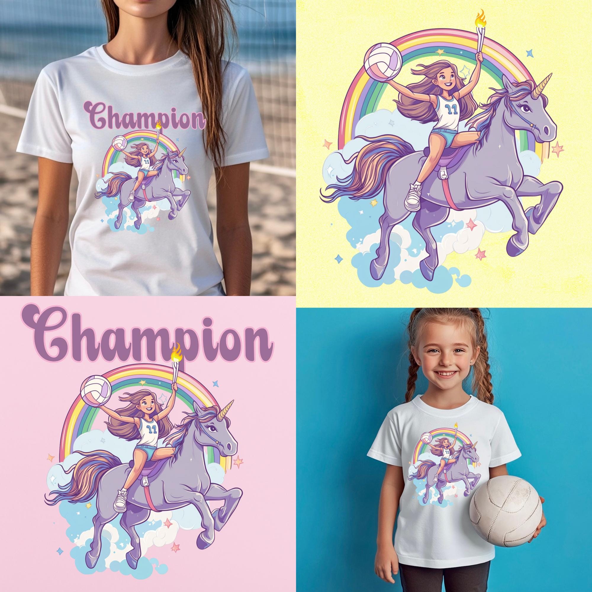 版画 Unicorn Volleyball print 2 Volleyball Champion Purple Unicorn Tshirt Design Png