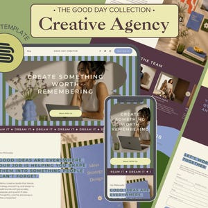 May include: A Squarespace 7.1 website template titled The Good Day Collection Creative Agency. The design features a colour palette of olive green, deep purple, and blue stripes. It displays web page layouts with text, imagery, and contact forms.