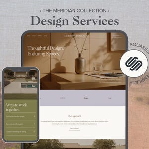 May include: A digital display of a website template titled The Meridian Collection Design Services, featuring a tablet and smartphone showing interior design layouts with text including Thoughtful Design, Enduring Spaces and Ways to work together.