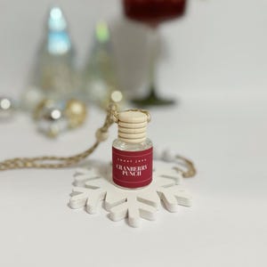 May include: A small glass bottle with a wooden cap and a red label that reads "Cranberry Punch" sits on a white snowflake-shaped ornament. The bottle is suspended by a beige string. Other decorative items are in the background.