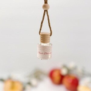 May include: A small, clear glass bottle with a wooden cap and a brown string for hanging. The label reads "Sweet Jane Apple Blossom" in a delicate script. The background is blurred, with hints of red apples.