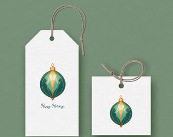 Etiquetas para regalos y recuerdos con adornos retro verde azulado, etiquetas imprimibles navideñas (descarga en PDF)