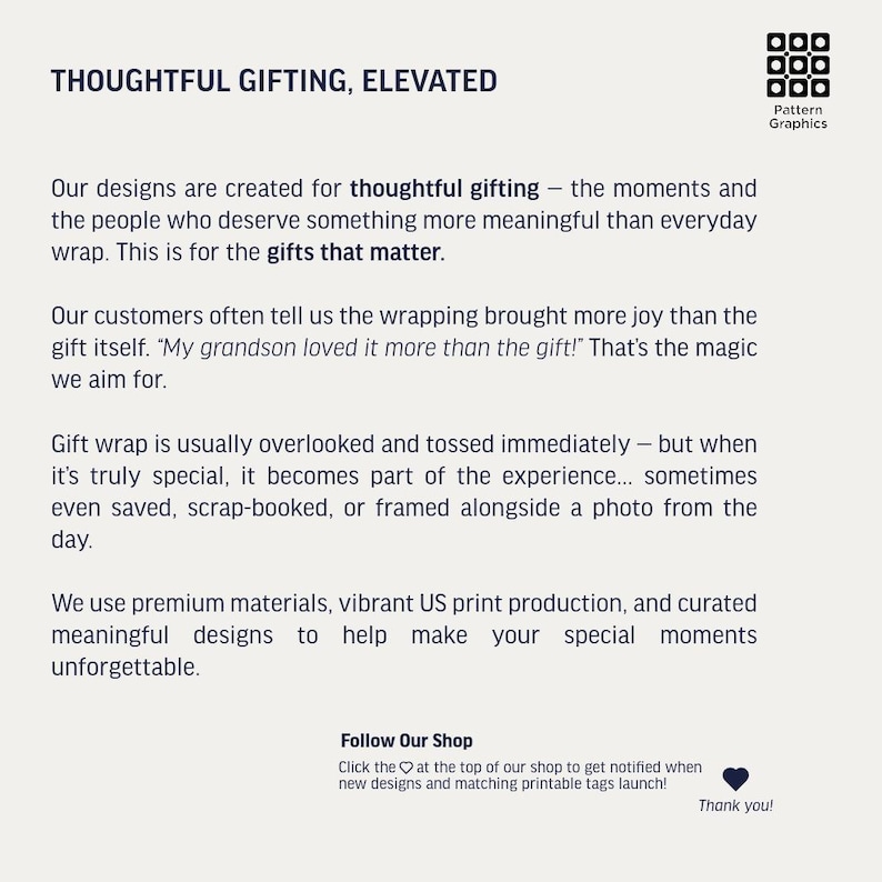 May include: Cream-colored graphic with the text "THOUGHTFUL GIFTING, ELEVATED." The text describes the shop's focus on creating meaningful gifts and using premium materials. A logo is in the upper right corner.