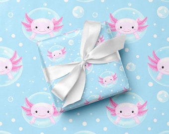 Sött Axolotl-presentpapper, rosa kawaii Axolotl-presentpapper, omslagsark med vattenlevande djurtryck, roligt barnfödelsedagspresentpapper, nyhet presentpapper