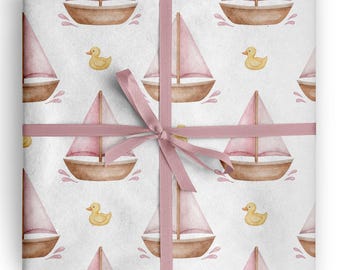 Pink Sailboat Duck Wrapping Paper Baby Girl Shower Gift Wrap Watercolor Nautical Baby Shower Paper Coastal Baby Gift Wrap