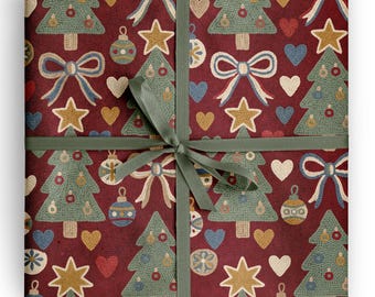 Kerstboom inpakpapier, gehaakt tapijt, feestelijke cadeauverpakking voor gezellige kerstcadeaus, gastgeschenken en liefhebbers van volkskunst.