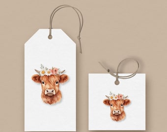 Highland Cow Gift and Favor Tags Floral Crown Rustic Farm