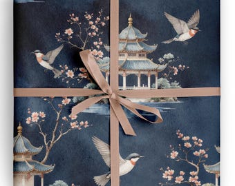 Japanese Art Wrapping Paper Elegant Pavilion and Bird Design Asian Inspired Gift Wrap