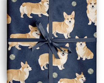Inpakpapier met Corgi-print in marineblauw, perfect als cadeaupapier voor Corgi-liefhebbers, baasjes, hondenverjaardagen en speelse presentjes.