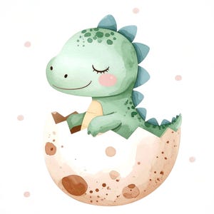 May include: A watercolor illustration of a baby dinosaur hatching from an egg. The dinosaur is light green with blue spines and closed eyes. The egg is beige with brown spots, and the background is white with pink dots.