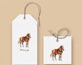 Christmas Horse Gift Tags: Plaid & Evergreen, Holiday Favor (PDF Download)