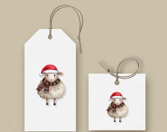 Etiquetas de regalo navideñas de ovejas, bufanda a cuadros (descarga digital)