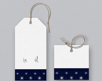 Etiquetas para regalos y recuerdos Starburst, elegantes artículos para fiestas navideñas en azul marino y plateado