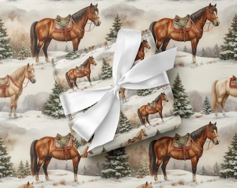 Papel de regalo de caballos de invierno para vacaciones ecuestres