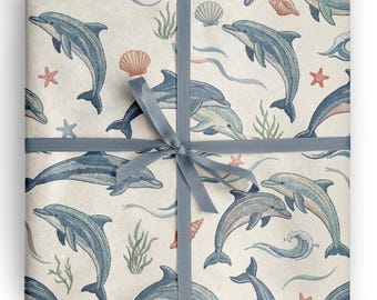 Dolfijnen-inpakpapier met borduurwerk, oceaanmotief, cadeaupapier voor dolfijnliefhebbers, verjaardagen aan de kust en fans van het zeeleven.