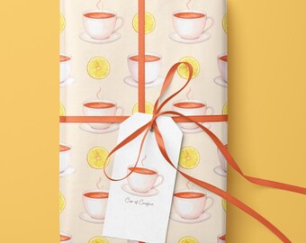 Papel de regalo con diseño de té y limón para desear una pronta recuperación.