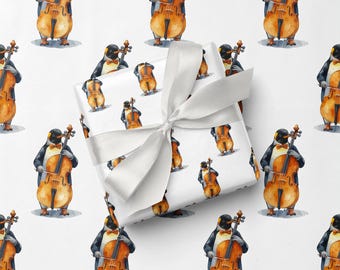 Penguin Cello Wrapping Paper Music Lover Gift Wrap for Him Whimsical Orchestra Style