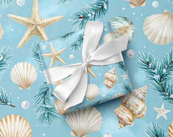 Coastal Christmas Wrapping Paper Sea Shell Beach House Holiday Gift Wrap Teal Present