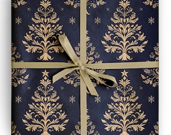Elegant Navy and Gold Baroque Christmas Tree Wrapping Paper
