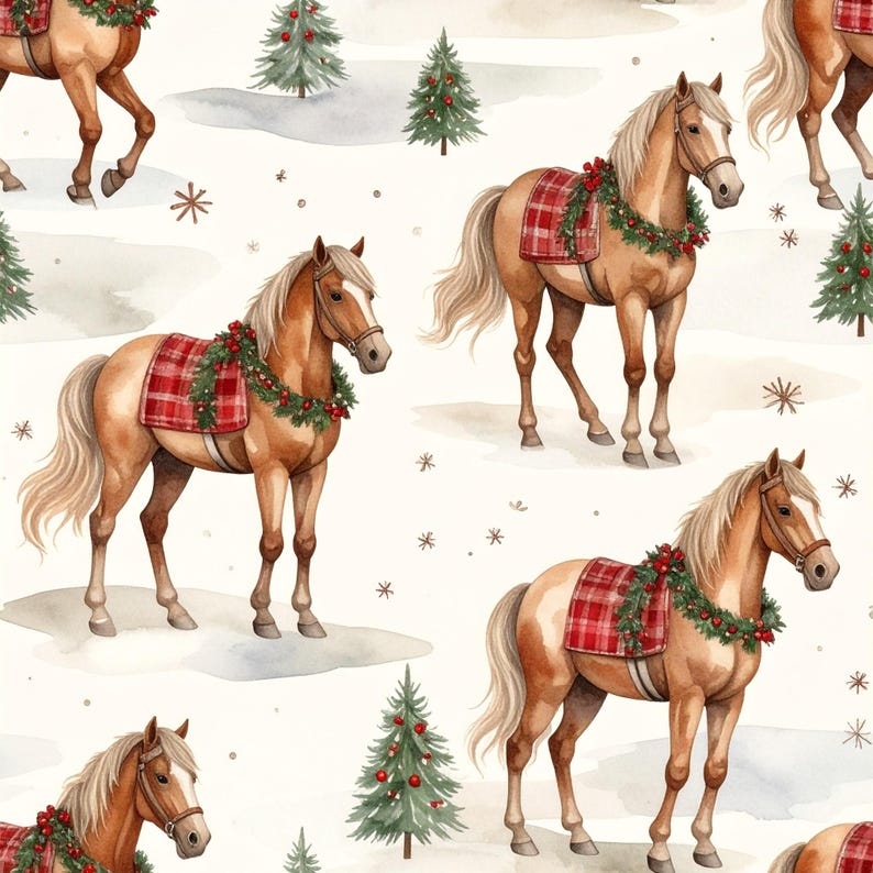 Puede incluir: Un patr&oacute;n repetitivo que presenta caballos de color marr&oacute;n claro con crines y colas blancas, que llevan mantas de cuadros rojos y guirnaldas de pino verde con bayas rojas. El fondo incluye ilustraciones en acuarela de peque&ntilde;os pinos verdes y copos de nieve.