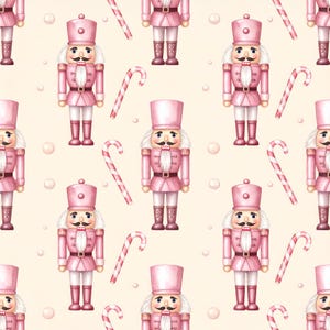 May include: A repeating pattern featuring pink nutcracker figures with white beards and mustaches, interspersed with red and white striped candy canes and small white circular dots on a light cream-colored background.