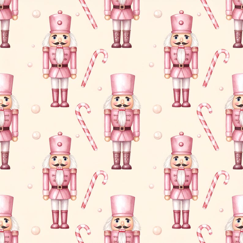 May include: A repeating pattern featuring pink nutcracker figures with white beards and mustaches, interspersed with red and white striped candy canes and small white circular dots on a light cream-colored background.