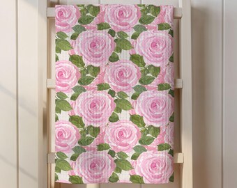 Pink Rose Tea Towel Watercolor Floral Kitchen Decor Cottagecore Hostess Gift
