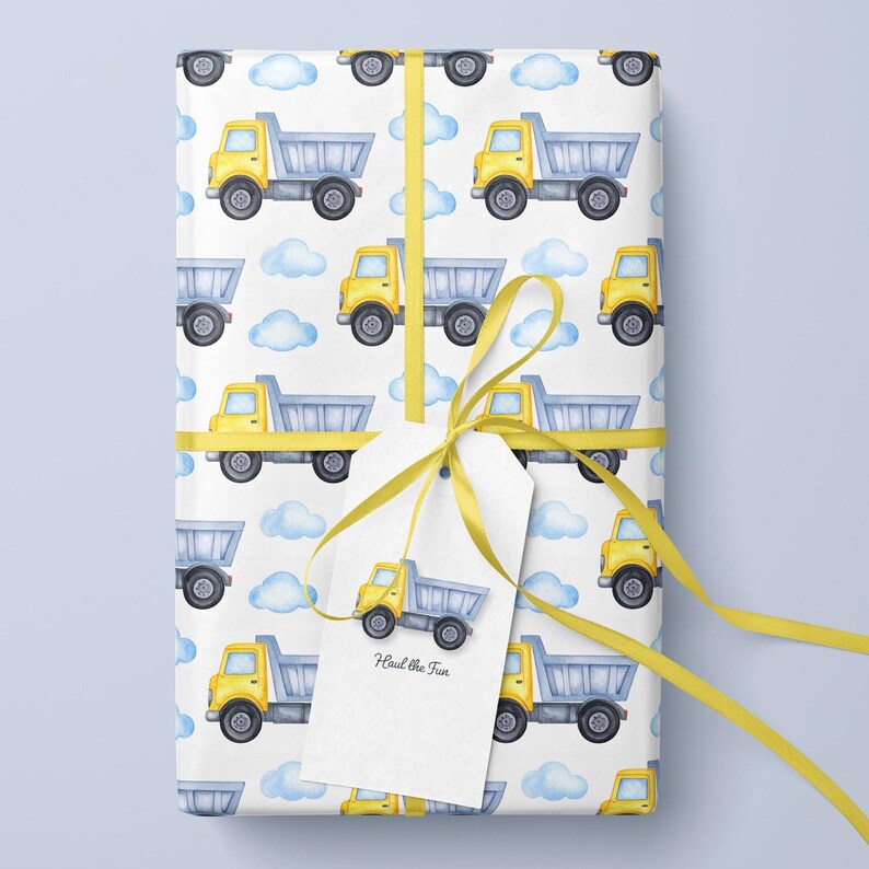 Dump Truck Wrapping Paper, Boys Birthday Gift Wrap, Watercolor Construction Party Paper, Toddler Boy Present Wrap, Baby Shower Roll image 3