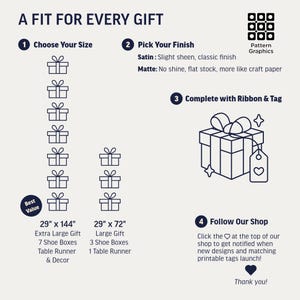 May include: An instructional graphic titled A FIT FOR EVERY GIFT detailing four steps for ordering. It lists sizes 29 inches by 144 inches and 29 inches by 72 inches, finish options of satin or matte, ribbon and tag completion, and a shop follow prompt.