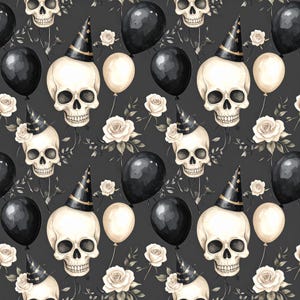 May include: A repeating pattern featuring white skulls wearing party hats, black balloons, and cream-colored balloons. White roses and dark gray foliage are also present on a dark gray background. The design has a Halloween or gothic theme.