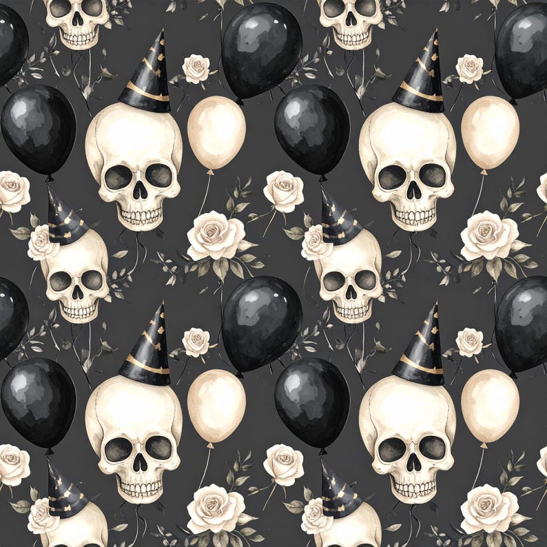 May include: A repeating pattern featuring white skulls wearing party hats, black balloons, and cream-colored balloons. White roses and dark gray foliage are also present on a dark gray background. The design has a Halloween or gothic theme.