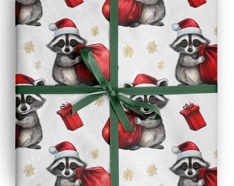 Funny Raccoon Christmas Wrapping Paper Cute Santa Hat Gift Wrap Kids Stocking