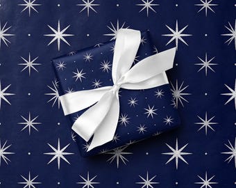 Navy Silver Star Holiday Wrapping Paper