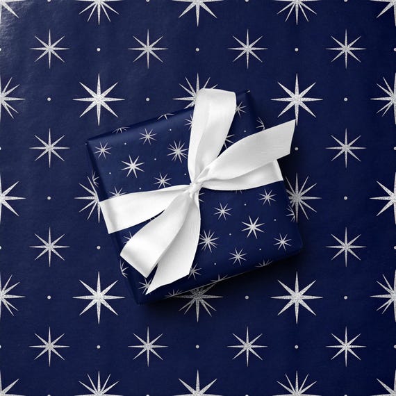 Navy Silver Star Holiday Wrapping Paper