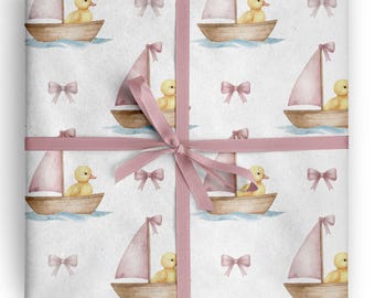 Pink Duck Sailboat Wrapping Paper Baby Girl Shower Gift Wrap Watercolor Nautical Baby Paper Coastal Duck Gift Wrap