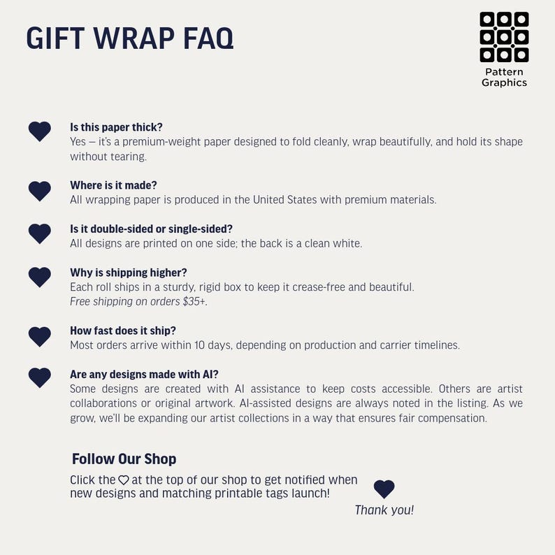 May include: A light-colored page with the text "GIFT WRAP FAQ" at the top. The text answers questions about the wrapping paper, including its thickness, origin, and shipping details. The Pattern Graphics logo is in the upper right corner.