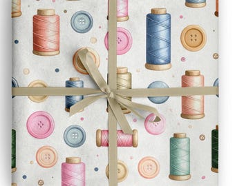 Sewing Themed Wrapping Paper, Thread Spools Buttons Pattern Gift Wrap, Quilter Crafter Wrap Sheet, Seamstress Birthday Gift Wrapping Paper
