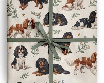 Cadeaupapier met geborduurde Cavalier King Charles Spaniel-afbeelding, perfect als cadeau voor hondenliefhebbers en baasjes.