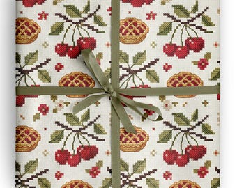 Cherry Pie Wrapping Paper Cross Stitch Bakery Hostess Gift Wrap