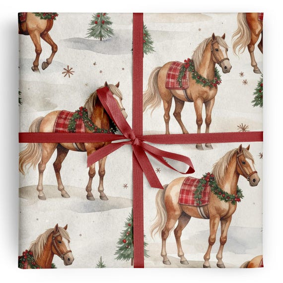 Horse Christmas Wrapping Paper Country Holiday Gift Wrap Plaid Saddle Blanket